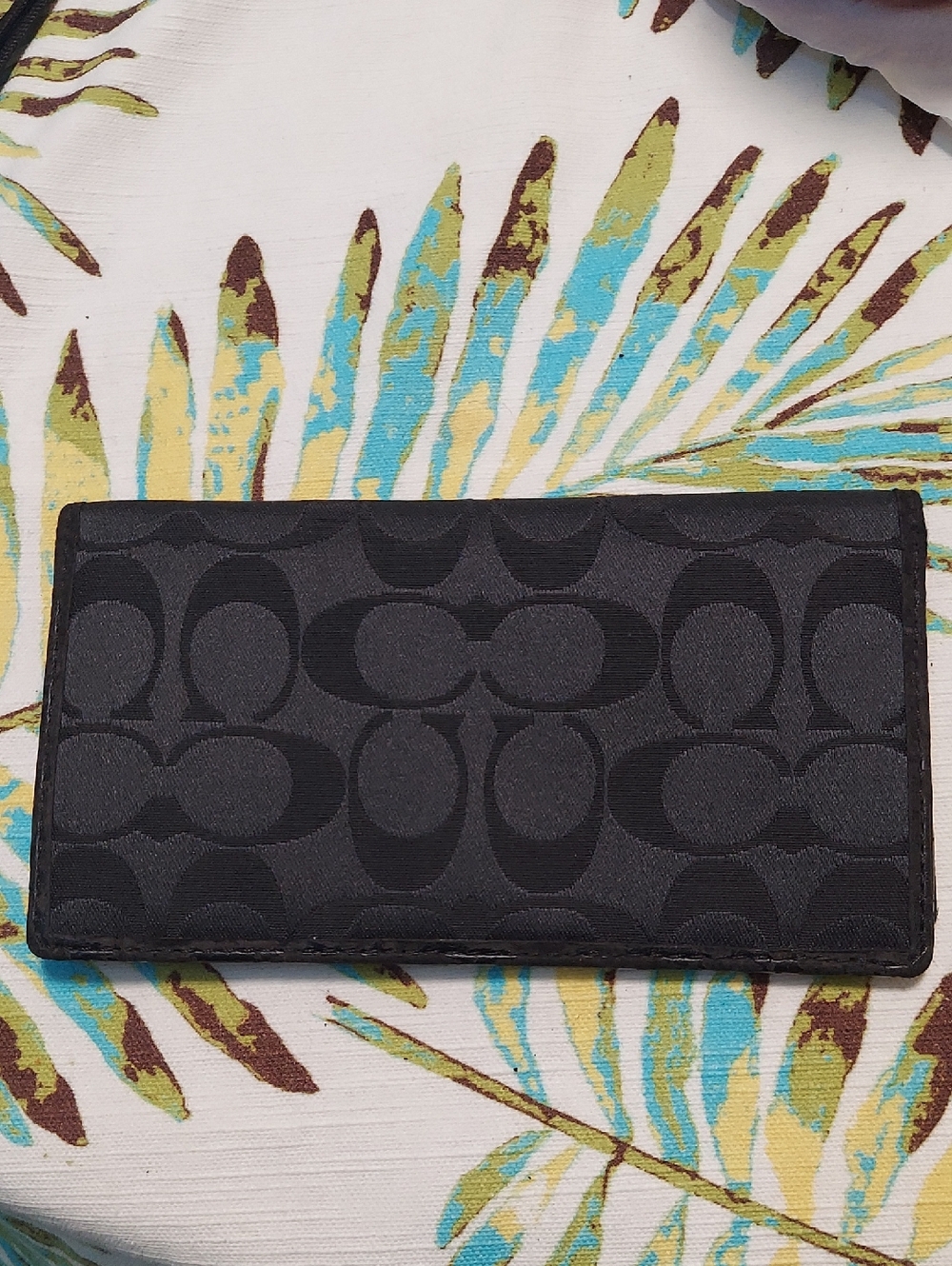 Coach Checkbook Cover, Black, Monogram Fabric, Leather Interior